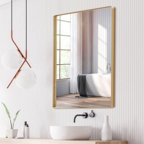 Miroir de salle de bain mural 56 x 76 cm avec encoches dans le coin pour salon, chambre à coucher, entrée, peut être suspendu horizontalement ou verticalement, doré (1/5)