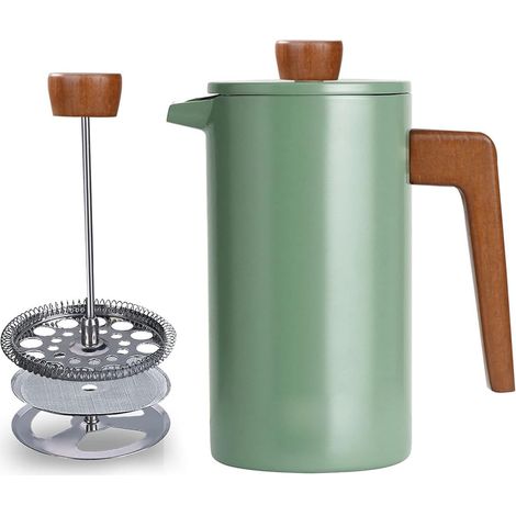 Double-walled French press coffee maker with wooden handle – 3 stainless steel filters for coffee and tea