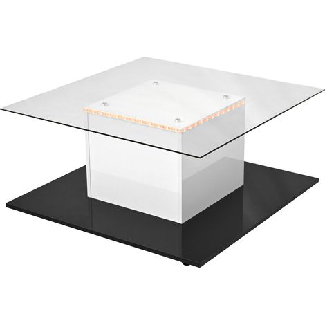 Tavolino da salotto in vetro temperato lucido 80 x 80 x 40 cm bianco e nero con luci LED e ruote (1/5)