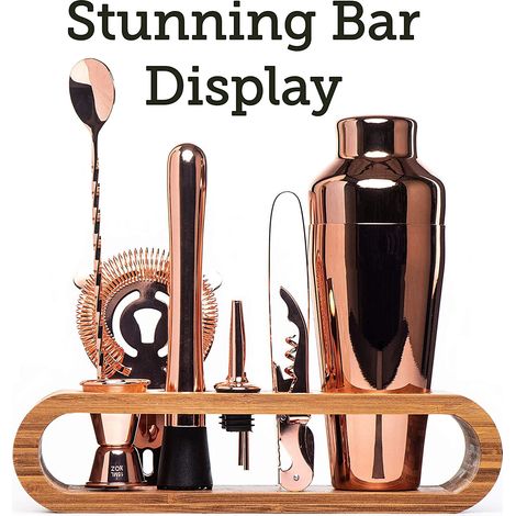 Kit de barman Mixology (plaqué cuivre) : ensemble de 10 outils de bar avec support élégant en bambou (1/5)