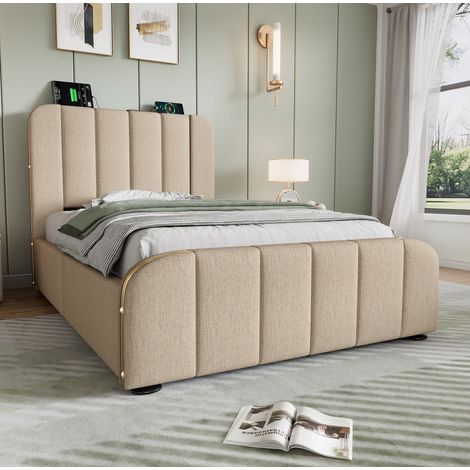 Lit coffre 90x200 avec 4 tiroirs USB beige OKMYHOME (1/5)