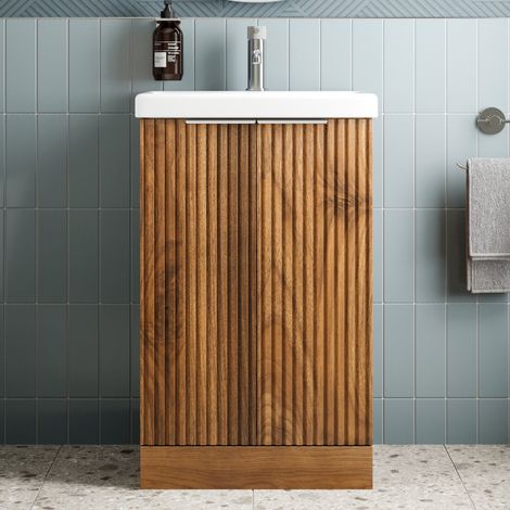 Fluted 500mm Bathroom Vanity Unit Basin Floorstanding Cupboard Soft Close Walnut (1/5)