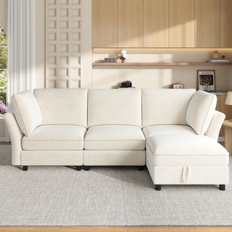 Canapé d’angle modulable 4 places en chenille 225x137x84cm avec pouf coffre, assise moelleuse,2 coussins,beige (1/5)