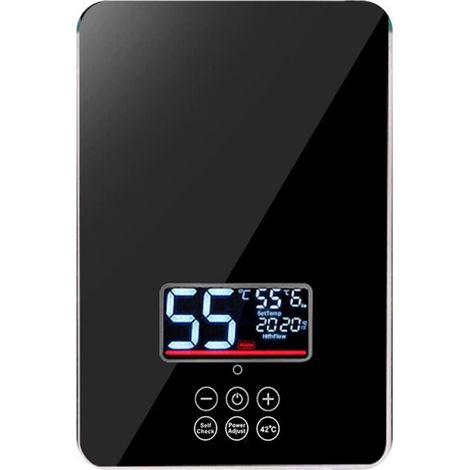 RHG Chauffe-eau électrique instantané, 6 000 W, 220 V, avec douchette et flexible, écran tactile LED, température réglable, convient pour salle de bain et cuisine – Noir