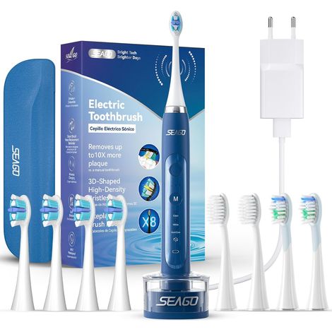 Brosse à dents électrique, avec station de charge sans fil, brosses à dents à ultrasons et étui de voyage, minuterie de 2 minutes, 3 modes, 3 intensités, 8 têtes de brosse, SG-982 (Bleu) (1/5)