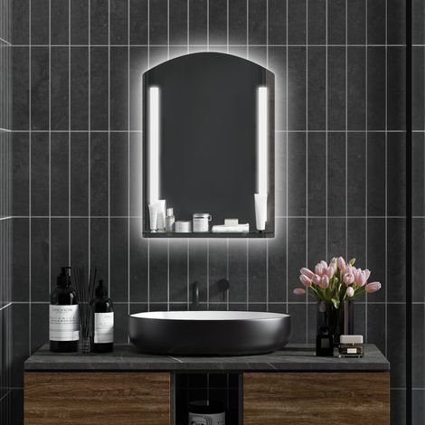 Badezimmerspiegel mit LED-Beleuchtung, 70 x 50 cm, dimmbare Beleuchtung per Touch-Schalter und Glasablage, Silber