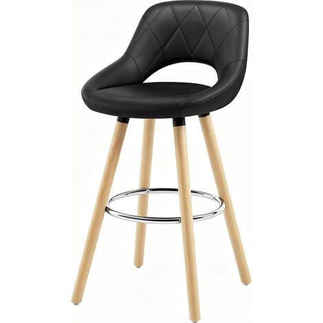 Tabouret de bar avec dossier en cuir synthétique et pieds en bois massif, hauteur d'assise 68 cm, couleur noire (1/5)