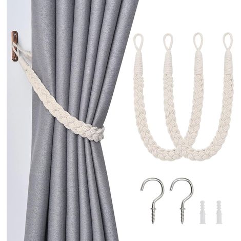 Lot de 2 Embrasses de rideau Corde coton naturel Crochet métallique Ajustable Salon Chambre Bureau