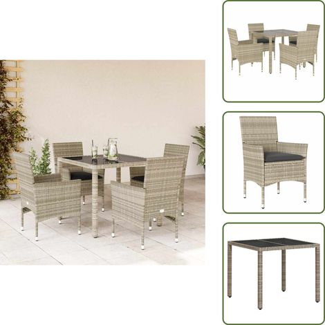 5-tlg. Garten-Essgruppe mit Kissen Hellgrau Poly Rattan Glas - Gartentisch - Gartenmöbel Set - Gartenset - Outdoor Möbel - Terrassenmöbel (1/5)
