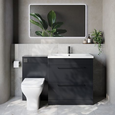 Napoli 460 Gloss Grey 1300mm 2 Drawer Vanity Unit Toilet Suite with Glide Basin - 1300mm - Matt Black 480mm HandleWith Kingston Toilet Pan and Seat