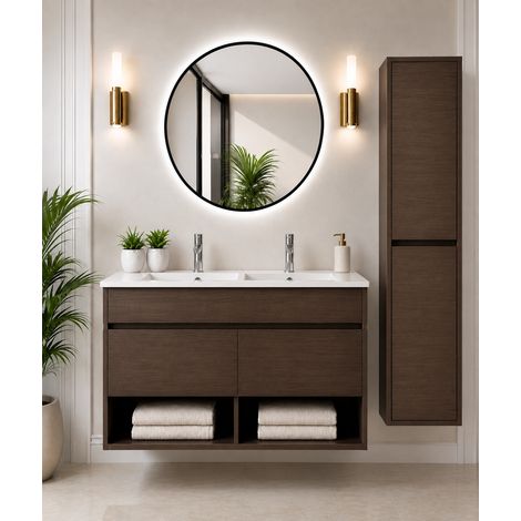 Badmöbel hängend mit Waschbecken extra flach ORIGENBATH NEBARI mit Türen ohne Spiegel 120x45 cm Doppelwaschbecken Esche Tea mit Säule