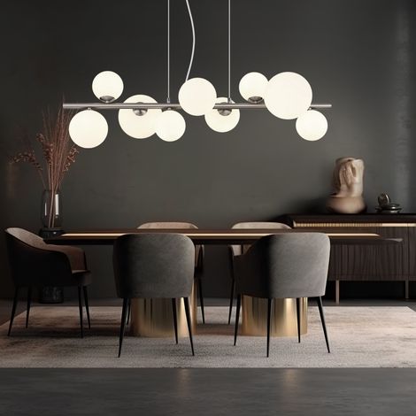 Suspension LED lampe de salle à manger réglable en hauteur boules de verre lampe à suspension verre blanc, métal nickel, 9x G9 3,5W 350Lm blanc chaud, LxPxH 87x34,5x120 cm (1/5)