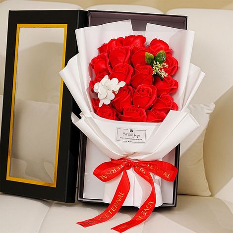 Bouquet De Roses Artificielles - 18 Fleurs Rouges - Boîte Transparente - Cadeau Durable Pour Anniversaire Fête Des Mères Saint Valentin - 37x20x12 cm (1/5)