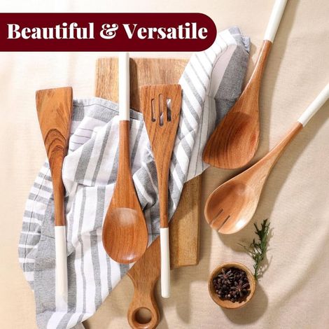 Set di pentole in legno di acacia da 30 cm (5 pezzi), cucchiai da cucina in legno antiaderente con superficie liscia, mestolo, spatola, spatola forata (1/4)