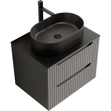 Mobile bagno sospeso 60 cm con lavabo ovale nero e piano in pietra sinterizzata (1/5)