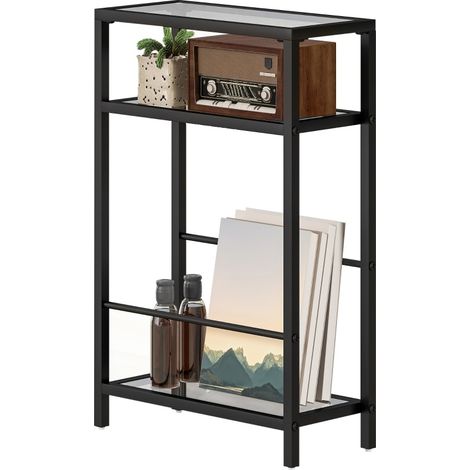 Table d'appoint étroite à 3 niveaux en verre trempé, structure en acier, 40 x 18 x 62 cm, pour salon ou chambre, noire  CHICFURN (1/5)
