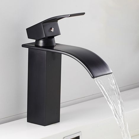 Robinet Salle de Bain Noir, Mitigeur Lavabo Cascade pour Avec une Hauteur de Bec de 120 MM,Mitigeur Lavabo Salle de Bain en Laiton Design Elégant, Économiseur D'eau et D'énergie. (1/10)