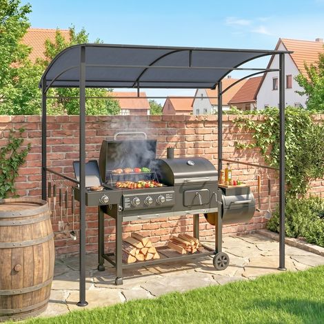 Pavillon de barbecue, abri pour barbecue, protection contre la pluie, crochets pour ustensiles, structure en acier, gris, 215 x 150 x 174/220 cm (1/5)