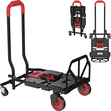 Diable et chariot de transport 2-en-1 - HOMCOM - pliable à roulettes base rabattable charge 120kg - acier - 83x44x78cm - rouge (1/5)