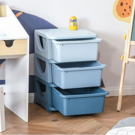 Scatola portaoggetti per bambini 37x37x56,5 cm, con 3 cassetti estraibili, bordi arrotondati, plastica blu (1/5)