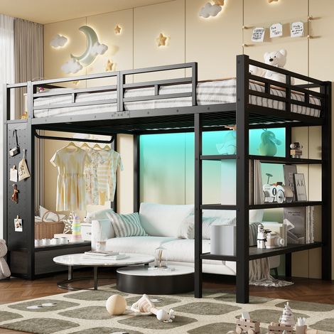 Lit Mezzanine 140x200 cm Noir avec Dressing Ouvert, 2 Tiroirs, Étagères, Panneau Perforé, LED 7 Couleurs et Sommier 24 Lattes (1/5)