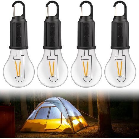 Lot de 4 ampoules de camping LED rechargeables de 5 W à intensité variable - Ampoule de camping - Lampe de secours - Lampe de camping - Lumière pour camping, panne de courant, urgence (1/5)
