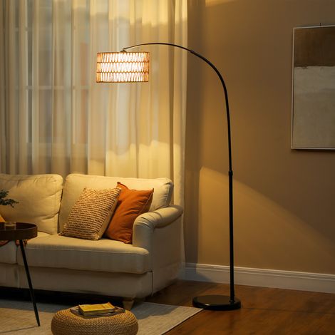 Lampe sur pied avec abat-jour en corde de chanvre métal noir réglable en hauteur interrupteur au pied aménagement intérieur