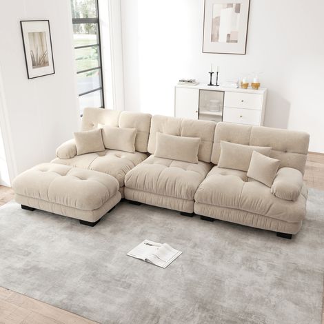 Sofá modular rinconero color café claro en chenilla con otomana móvil y asiento profundo (1/5)