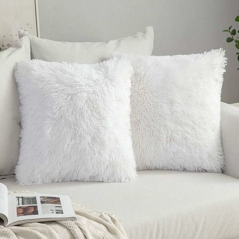 Juego de 2 fundas de cojín de piel de lujo para sofá, decoración de sofá, dormitorio, cama, fundas de almohada decorativas de felpa supersuave, 40 x 40 cm, 16 x 16 pulgadas, color blanco (1/4)