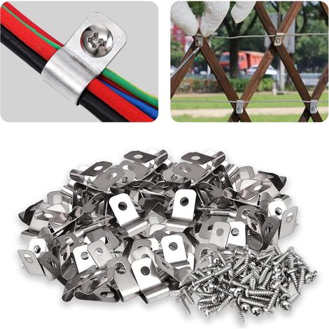 Lot de 100 pinces de fixation pour clôture agricole en acier inoxydable avec vis pour fil soudé sur clôture en bois, métal ou vinyle (1/5)