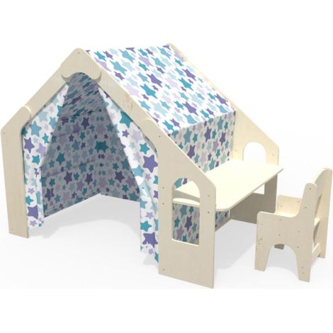 GARVEE -Tente de Jeu Enfant en Bois avec Table et Chaise, Cabane Intérieure 2-6 Ans 131 x 98 x 113 cm
