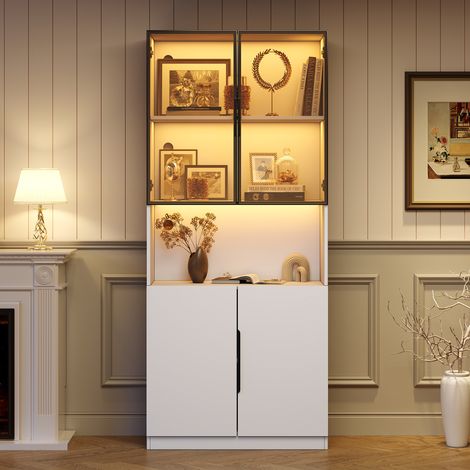Vitrine avec 2 portes en verre, meuble de rangment pour salon, style moderne minimaliste, 80x30x200 cm, Vitrine avec éclairage LED, Bibliothèque pour objets de collection - Blanc (1/5)