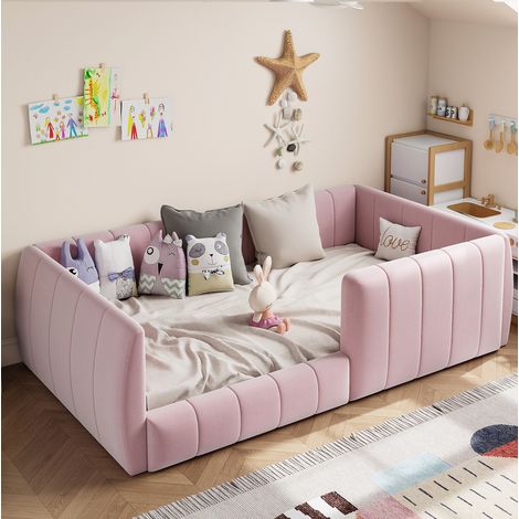 Cama plataforma tapizada en MDF rosa de 90x200 cm con barandillas de seguridad y base de láminas. (1/5)