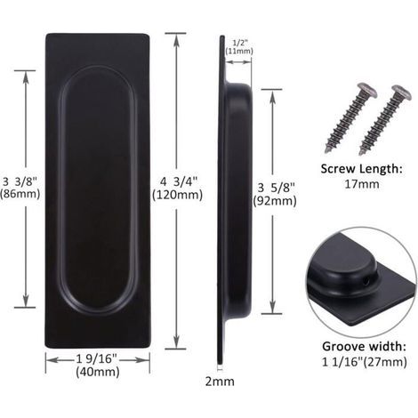 Lot de 2 poignées rectangulaires encastrées pour porte coulissante 12 x 4 x 1,2 cm en acier inoxydable noir mat (1/4)