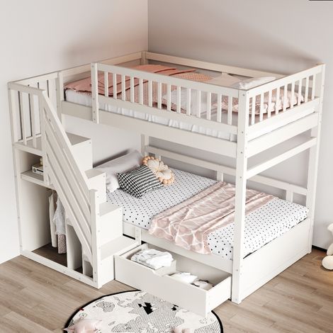 Etagenbett 90x200 cm aus Massivholz in Weiß mit Stauraum, Schubladen und sicherer Treppe - Platzsparendes Kinderbett und Jugendbett (1/5)