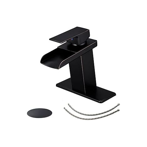Mitigeur de lavabo effet cascade noir mat avec bec large en laiton, robinet chaud-froid moderne pour salle de bain, lavabo, vasque, meuble et plan de toilette (1/3)