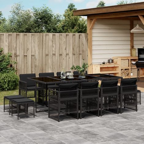 Set comedor de jardín con cojines 13 pzas ratán sintético negro vidaXL (1/5)