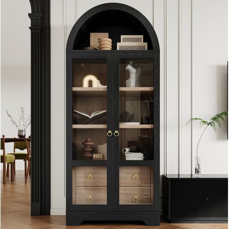 Buffet haut de cuisine avec portes en verre, étagères réglables et tiroirs, noir HAVRYA (1/5)