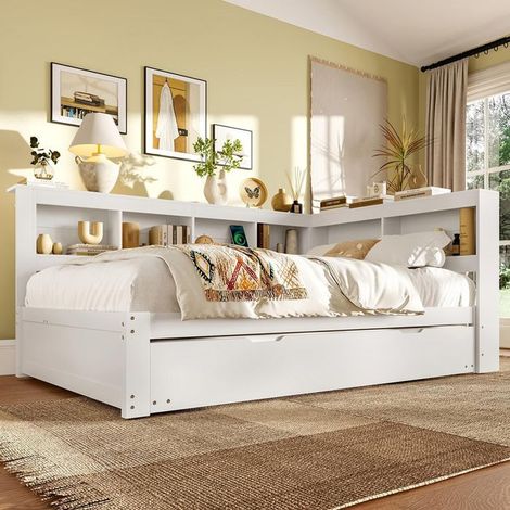 Banquette-lit - 140 x 200 cm - Gigogne convertible - Blanc - Tiroirs & ports USB