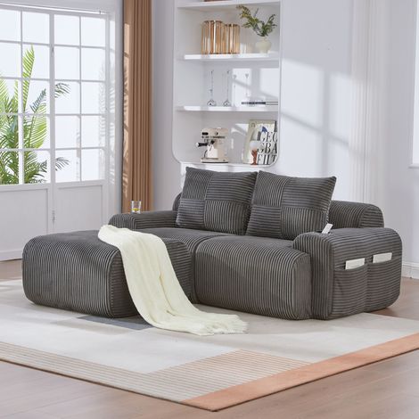 Canapé modulable 2 places en velours côtelé gris foncé, canapé avec poufs amovibles, porte-gobelet et poche de rangement, salon moderne (1/5)