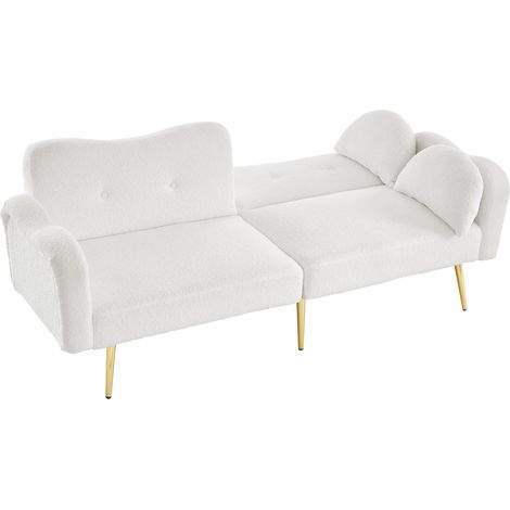 Sofá cama de 2 plazas blanco con respaldo reclinable y patas metálicas doradas (1/5)