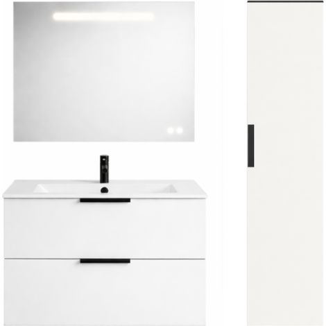 Meuble vasque 90 cm BURGBAD Olena blanc brillant + miroir + colonne de salle de bain