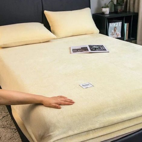 Drap-Housse 200x220cm +26cm,Jaune Drap-housse élastique chaud et épais en flanelle de unie, housse de matelas d'hiver réglable (1/5)