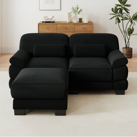 Divano modulare a L 2 posti con 1 pouf, velluto a coste nero, 194 x 161 x 94 cm, OKWISH (1/5)