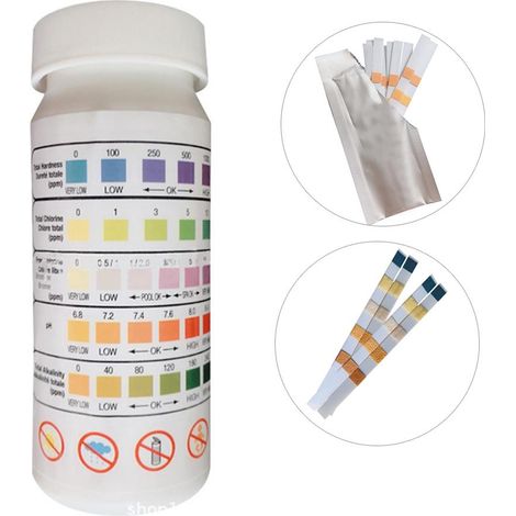 50 bandelettes de test multifonctions pour piscine (5 pouces) : chlore résiduel, pH, dureté et alcalinité totale. (1/5)