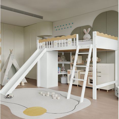 Cama alta infantil con tobogán, armario y mueble de almacenaje, madera maciza+MDF blanco/natural 90x200 cm (1/5)