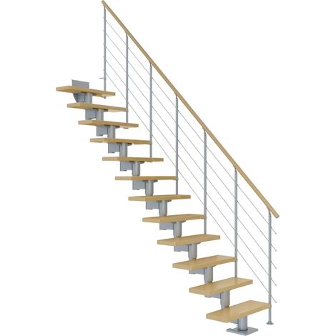 Dolle Mittelholmtreppe Cork Ahorn, lackiert Gerade 75 cm breit für GH 278 – 337 cm UK Metall Perlgrau mit Geländer