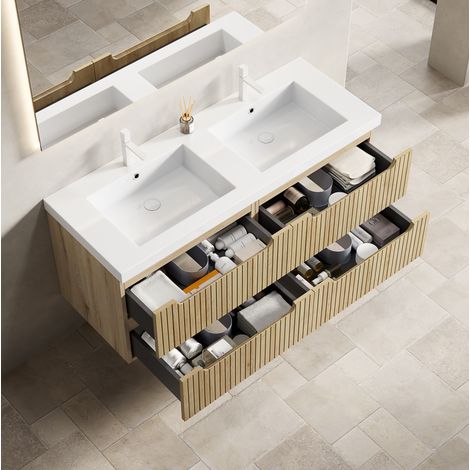 Hängender Badunterschrank 120 cm mit 2 integrierten Waschbecken, 4 Schubladen, Weißeiche (1/5)