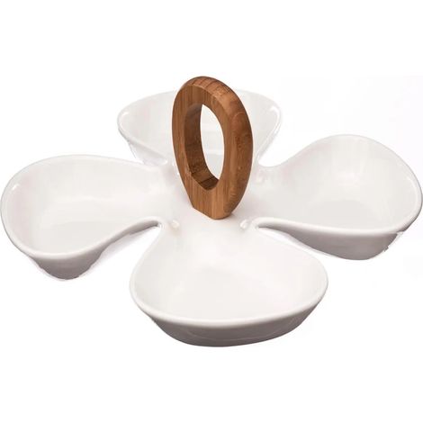 Plat de présentation en céramique  4 compartiments  28 x 28 cm  Blanc & bois