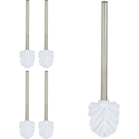 Relaxdays toilet brush set of 5, plastic, stainless-steel handle, removable head, H x D: 35 x 8 cm, white